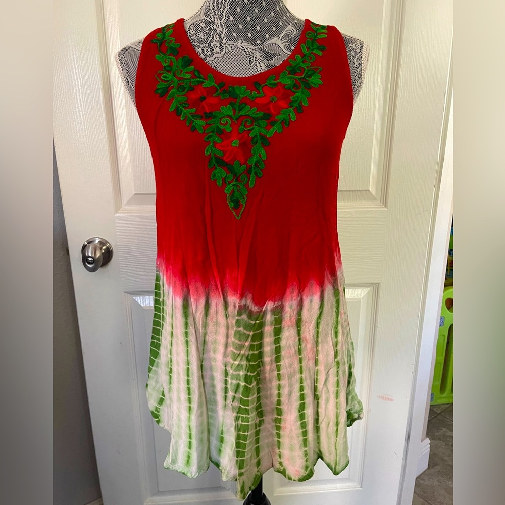 Ana & Kate Red and Green Embroidered Women's Flowy boho tank top long tie dye